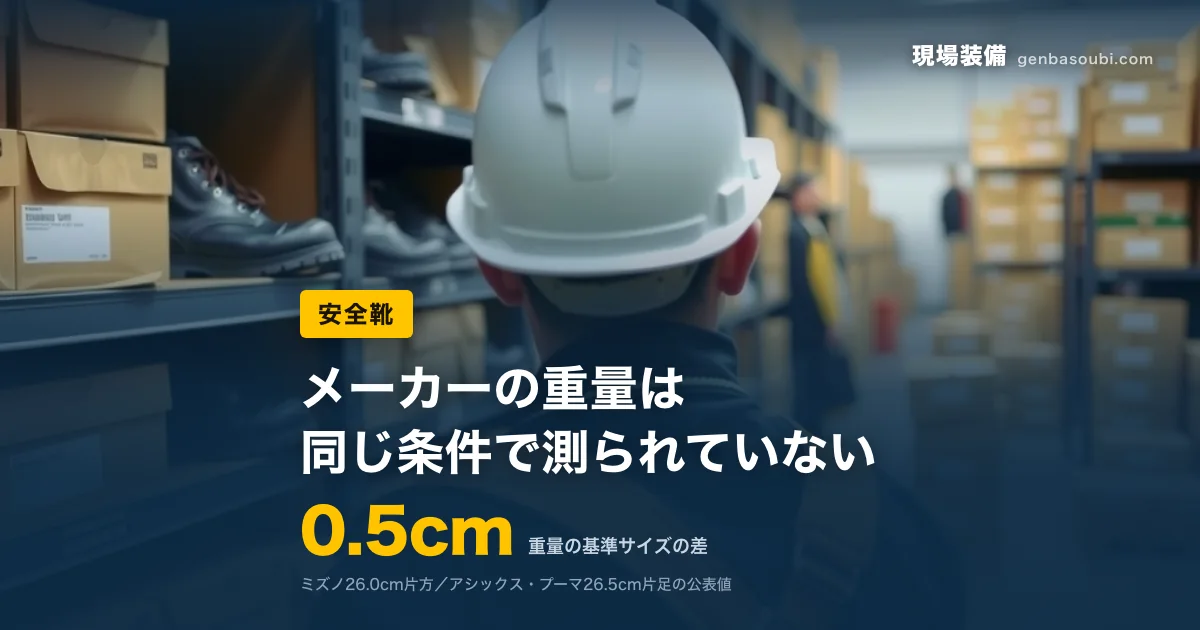 安全靴｜0.5cm（重量の基準サイズの差）｜メーカーの重量は、同じ条件で測られていない