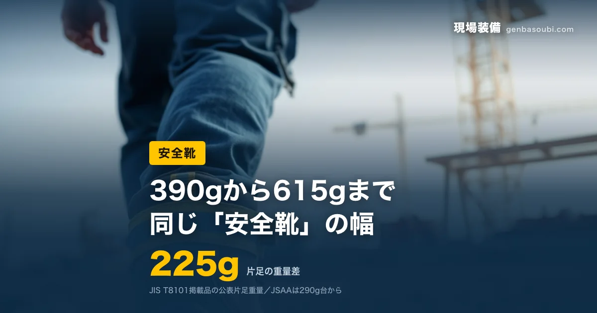 安全靴｜225g（片足の重量差）｜390gから615gまで、同じ「安全靴」の幅